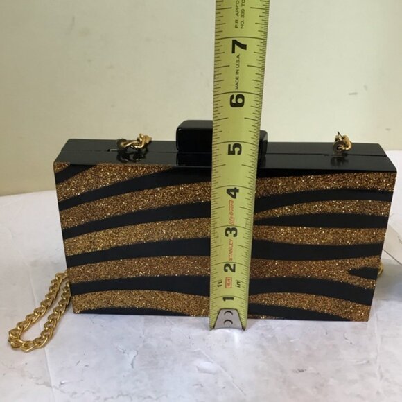 Lulu NYC NEW Zebra Acrylic Box Clutch Glitter Crossbody Shoulder Bag Gold Black - Picture 15 of 16